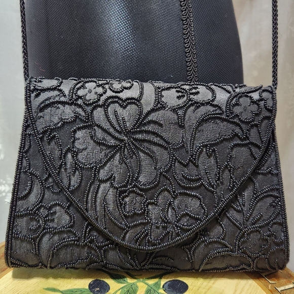 VTG Henry Birks Black Beaded Envelope Clutch Bag with Rope Shoulder Strap, 1990s - Picture 2 of 8